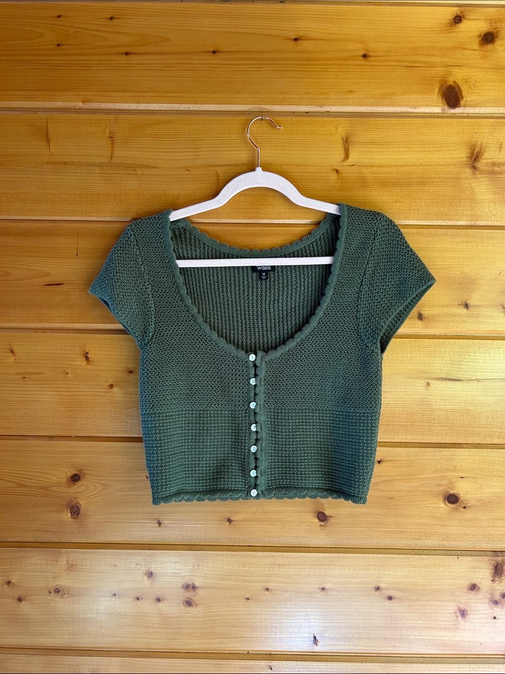 Short-Sleeve Olive Green Cropped Knit Button-Front Top